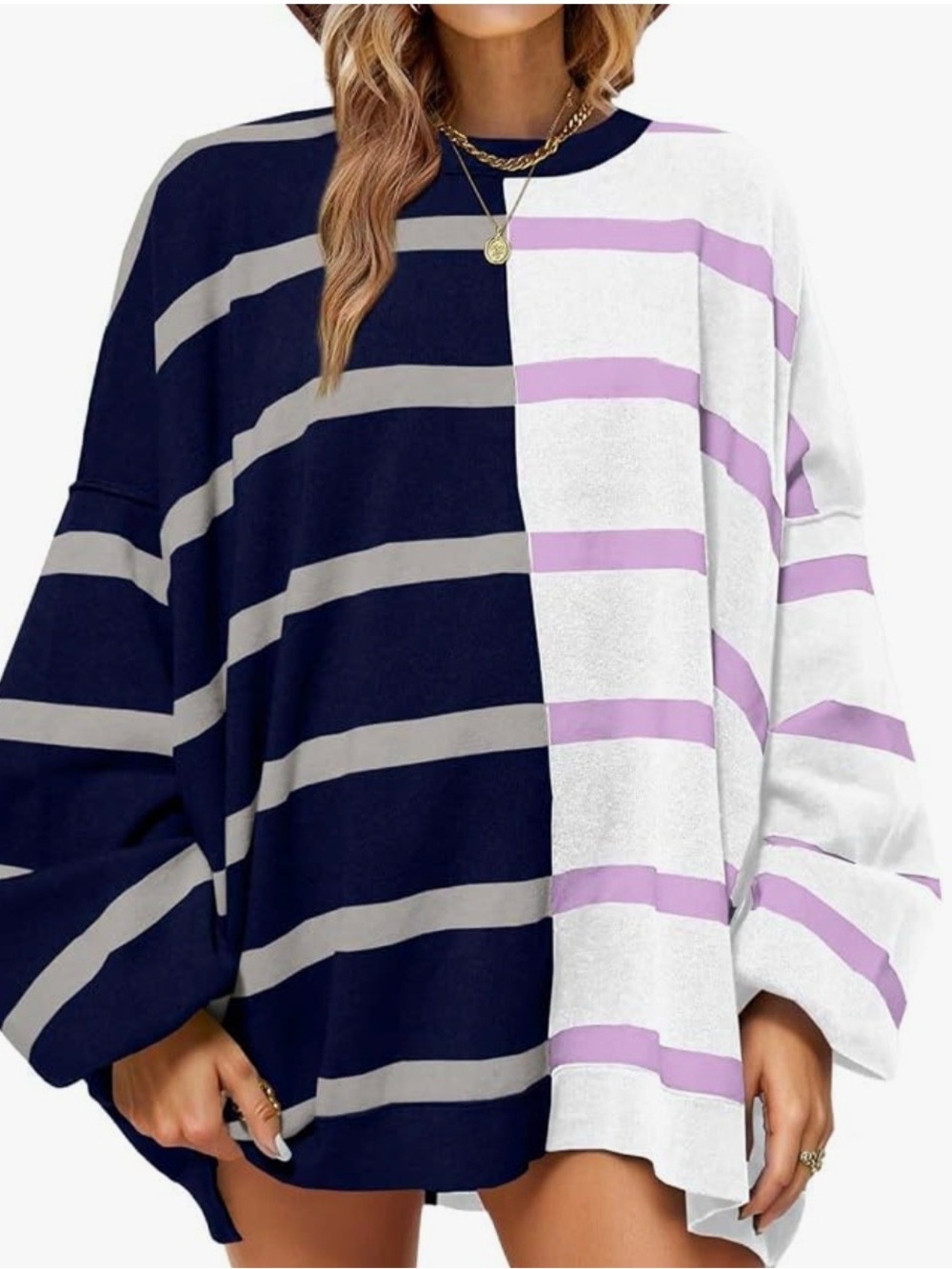 Striped Split-Color Oversized Women’s Top - Navy, White & Lavender
